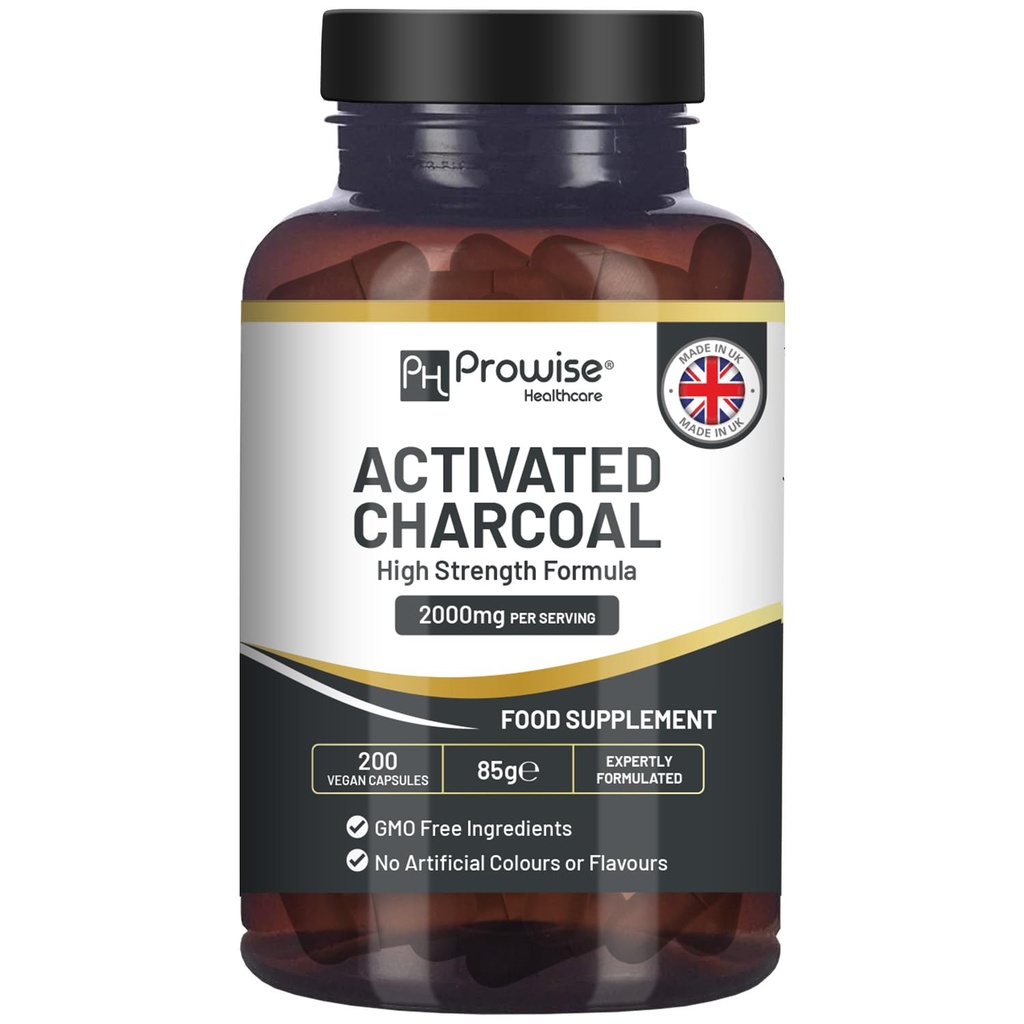 Aktivert Charcoal Capsules - 200 høy styrke vegansk kapsler - 2000 mg per servering jeg laget i Storbritannia av Prowise Healthcare
