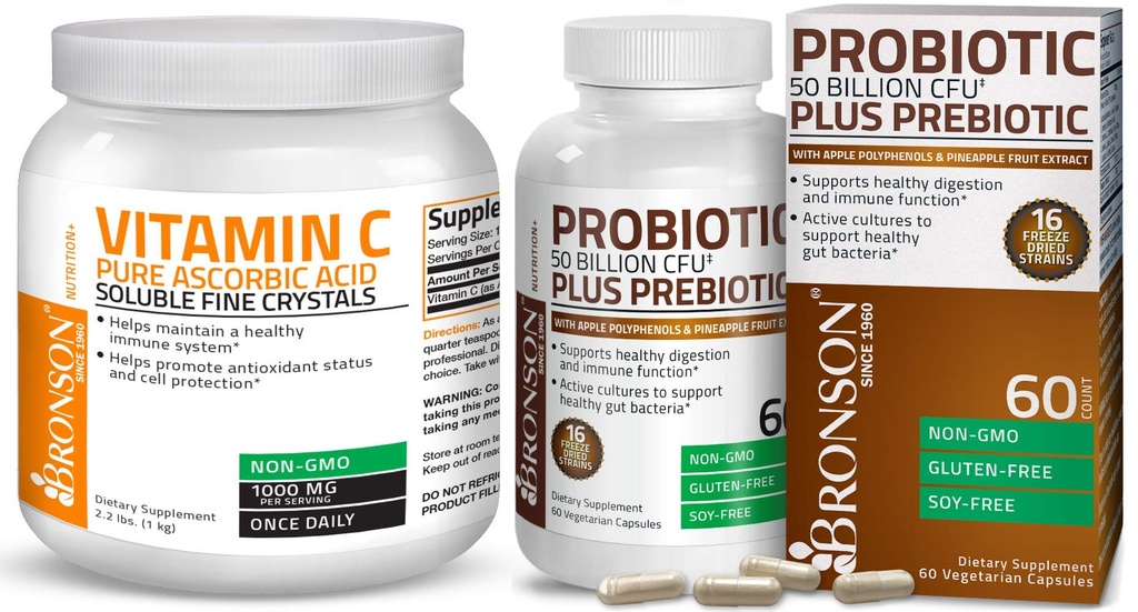 Bronson Probiotic 50 milliarder CFU + Prebiotic med Apple Polyphenoler & Pineapple Frukt Ekstract Vitamin C pulver ren askorbinsyre løselig fin ikke GMO krystaller