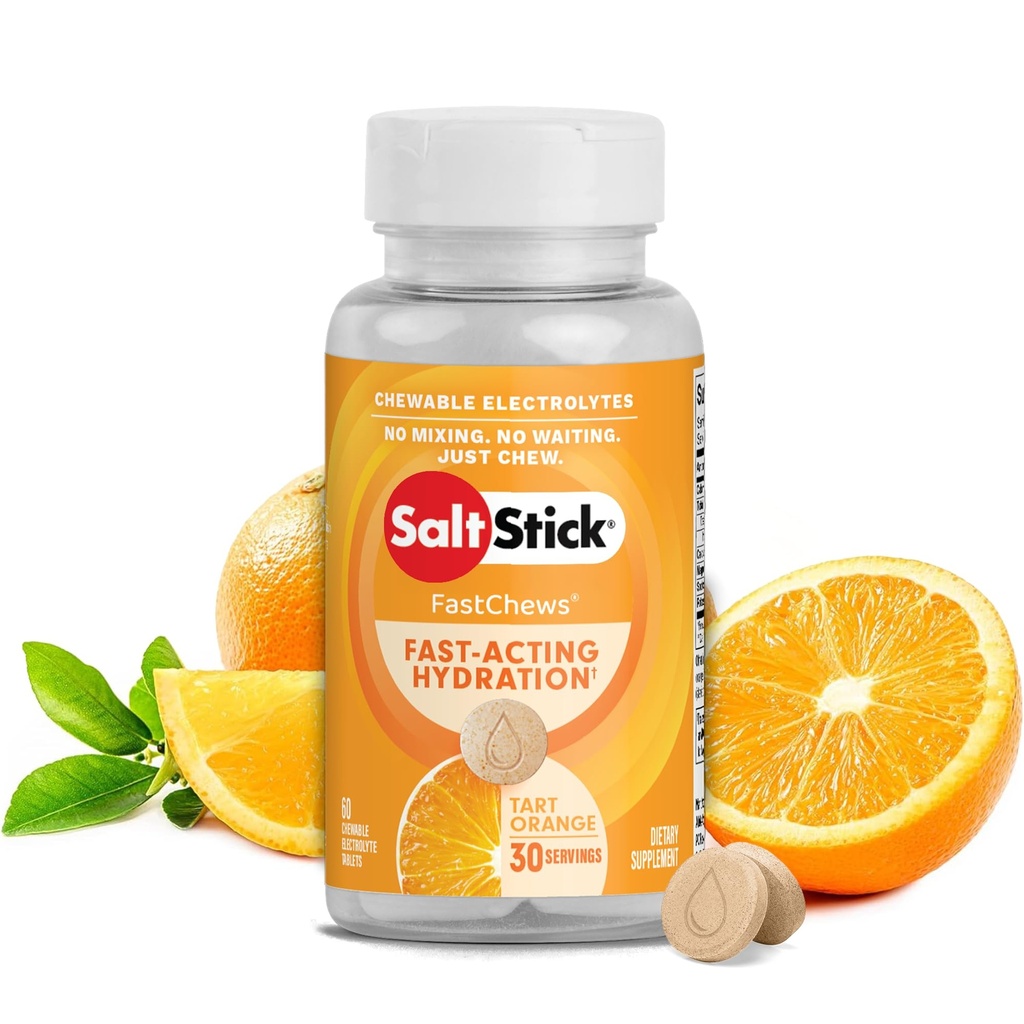 SaltStick Electrolyte FastChews - 60 Orange Chewable Electrolyte Tabletter - Salt Tabletter for Runners, Sportsernæring, Electrolyte Chews - 60 Count Bottle