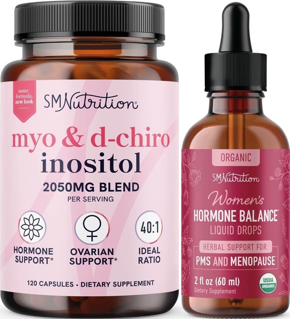 SMNutrition Herbal Hormone Balance Tinktur & Myo-Inositol & D-Chiro Inositol | Hormon Balancing Bundle med 40:1 (30 serveringer) og flytende syklus støtte for kvinner (60 serveringer)