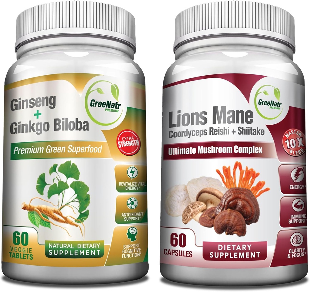 GreeNatr Mushroom Supplement, 10-i-1 Bland med Lions Mane, Cordyceps, Shiitake, Chaga, Turkey Tail, kombineret med vår energi og hjerne fokus naturlig booster av Ginseng Root og Ginkgo Biloba