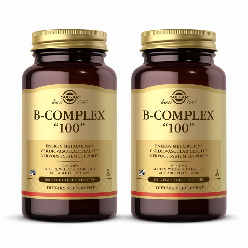 Solgar B-Complex 100" - 100 grønnsaker kapsler, pakke med 2 - Energimetabolisme, nervesystemstøtte - Non-GMO, Vegan, Glutenfri - 200 Total Services