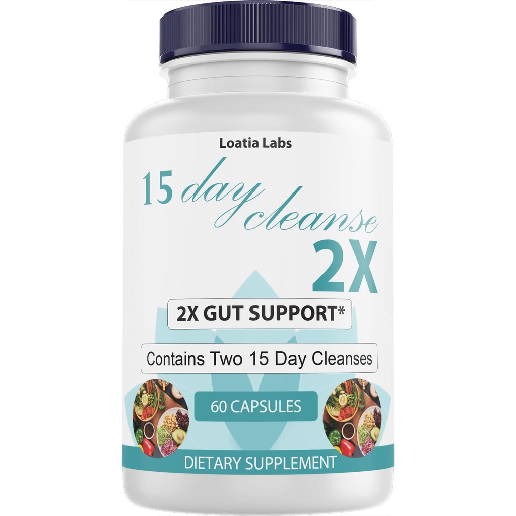 15 Day Cleanse 2X - Double Gut & Colon Support - Avansert Gut Cleanse Detox for kvinner og menn med Alfalfa, Cascara Sagrada, Probiotika og Psyllium Husk - Ikke-GMO - laget i USA - 60 kapsler (1 flaske)