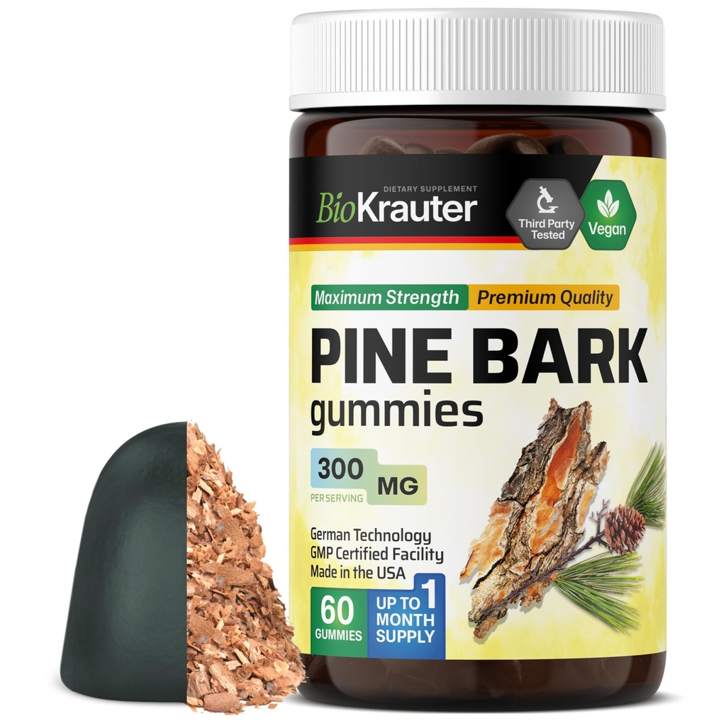 BIO KRAUTER Pine Bark Extract Gummies - 300 mg styrke - 60 Vegan Chews - Fransk Maritime Pine Bark Extract - Antioksidant Supplement - 95% Proanthocyanidins - Pektin-basert formel