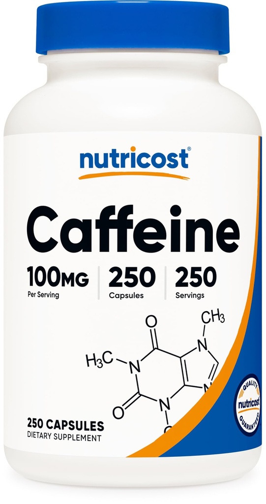 Nutricost koffein piller 100 mg per servering, 250 kapsler