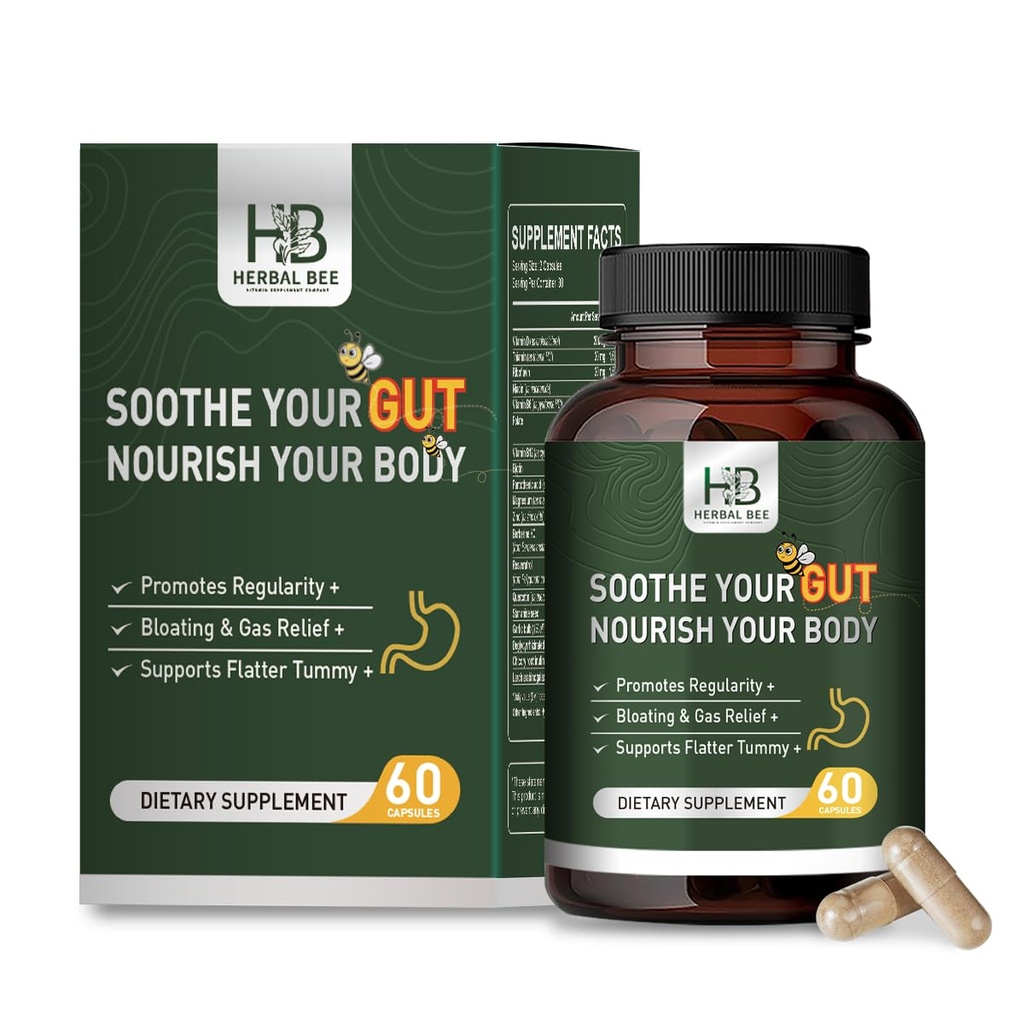 Herbal BEE Gut Helse - Gas og Bloating Relief, Lakty Gut Repair - Gut Cleanse & Restore Digestion - Fremme regelmessighet, Colon Cleanser, 60 Kapsler