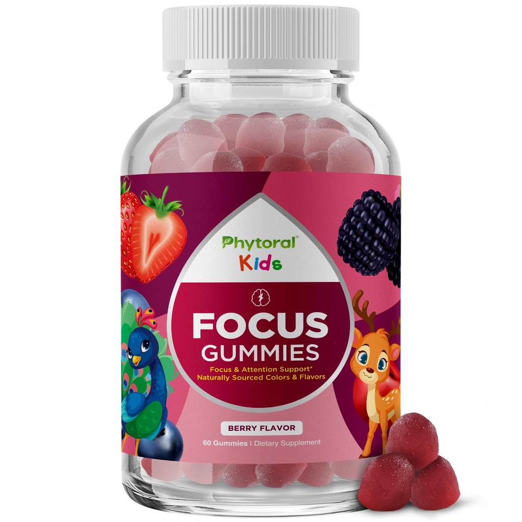 Phytoral Vegan Kids Fokus Gummies - Potent Chewable Brain Support for barn - Forbedrer konsentrasjon og minne - beroligende kosttilskudd og fokus Gummies for barn - ikke-GMO & Glutenfri - 60 greve