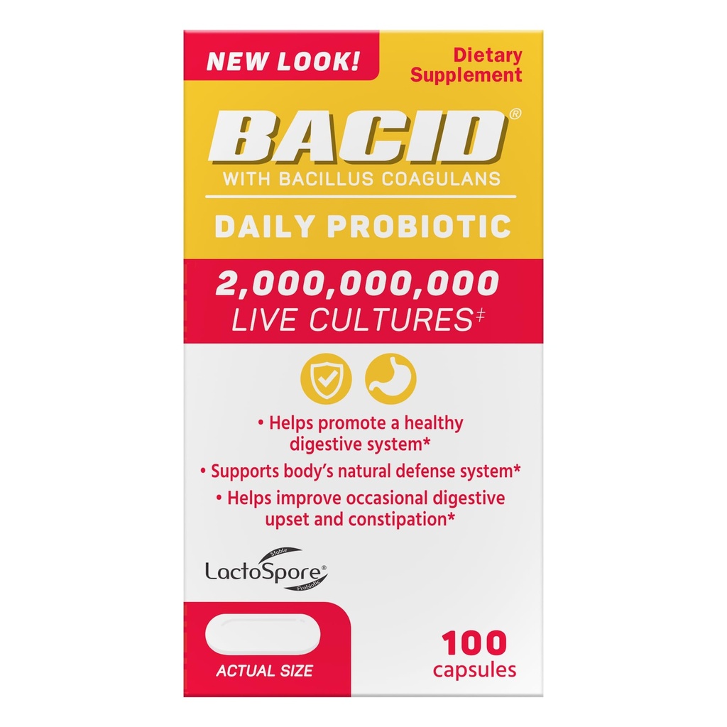 Bacid daglig probiotiske med Bacillus coagulans, kosttilskudd for digestiv helse, 100 kapsler