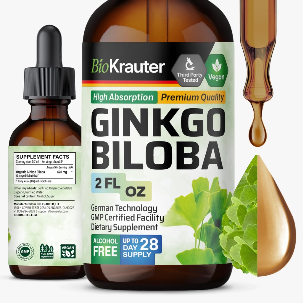 BIO KRAUTER Ginkgo Biloba ekstrakt - flytende Ginkgo Biloba kosttilskudd for hjernen - Vegan, alkohol og sukker gratis - 2 Fl Oz
