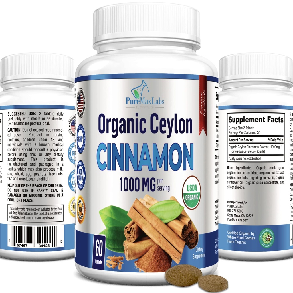 Organisk Ceylon kanel - 1000mg per servering, sertifisert organisk sant kanel Supplement, antioksidant, rask absorpsjon - 60 tabletter