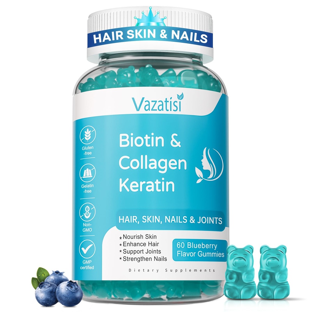 Biotin Gummies med kollagen og keratin for hårhud negler - støtter hårvekst og sterkere negler, kvinner menn, barn - 60 Blåbær Flavored Gummies