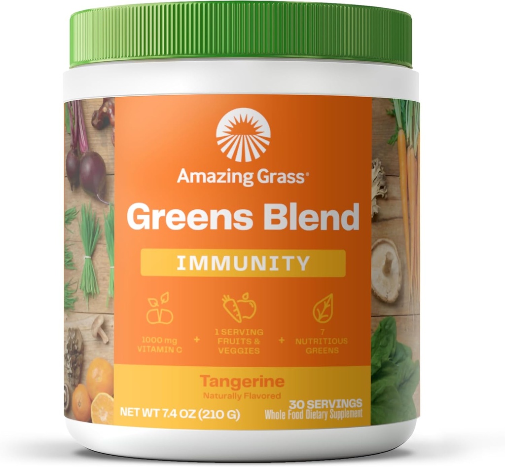Amazing Grass Grønn Superfood Immunity: Super Greens pulver med vitamin C, Cordyceps, Beet Root Powder & Reishi Mushrooms, Tangerine, 30 Serveringer