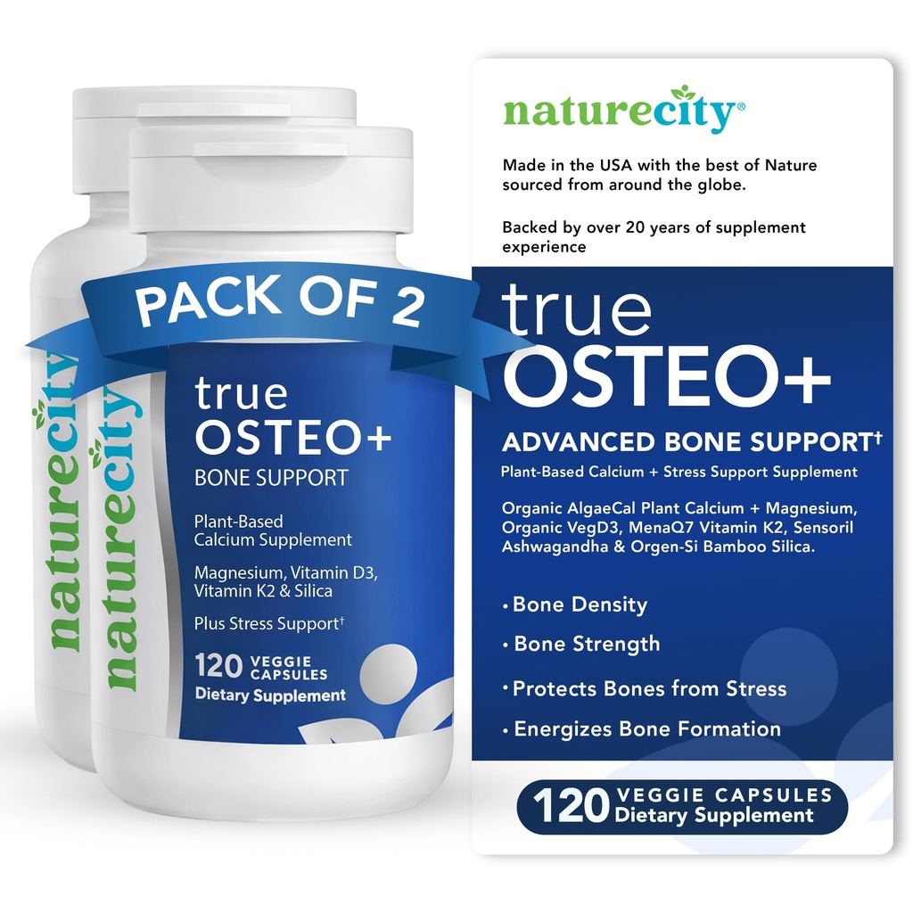 NatureCity True-Osteo+ Bone Support med Ashwagandha – for styrke og tetthet – Plantebasert kalsium med organisk algaeCal, magnesium, vitamin D3, K2, Silikon og stressstøtte ® 240 Veggie Capsules