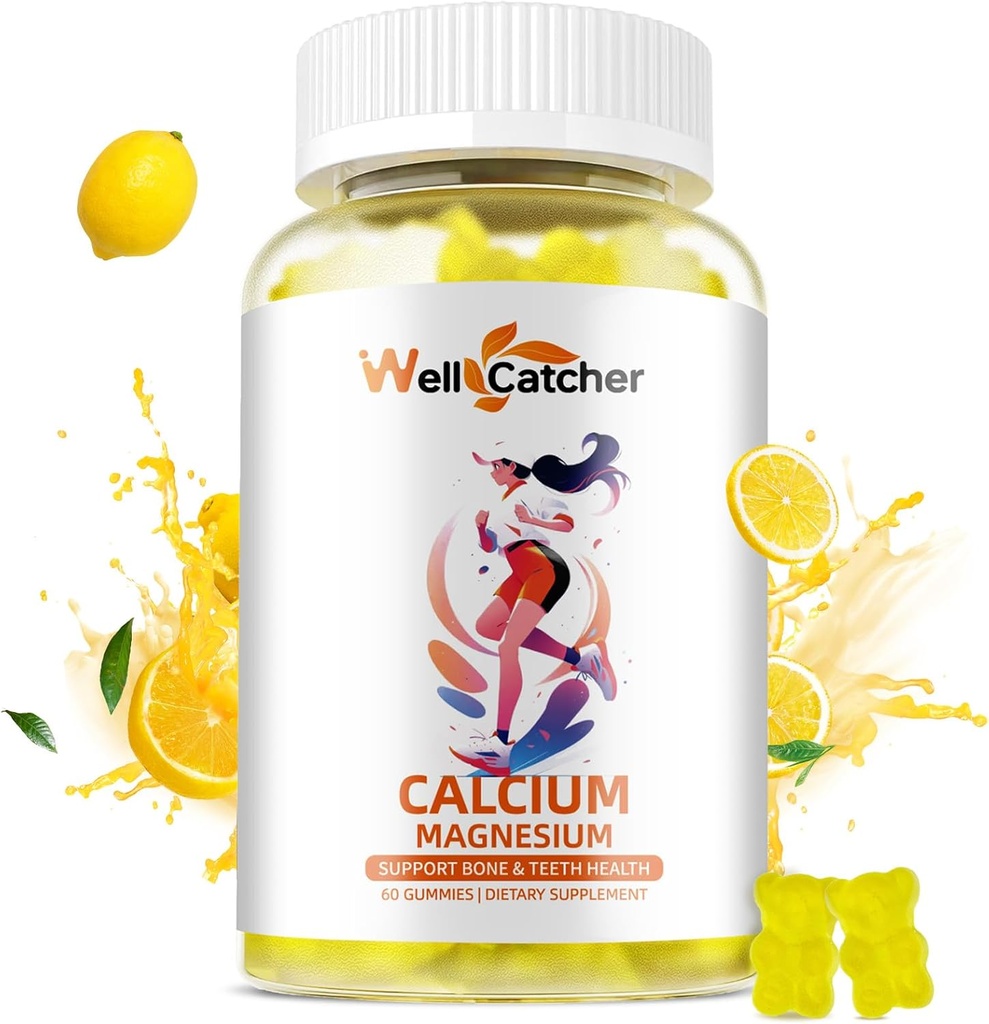 Kalsium Magnesium Gummies Voksne Kids - sukker gratis Chewable Vegansk Algae Kalsium Kosttilskudd for kvinner Menn Støtte Plus Bein styrke med sink Kalium vitamin D3 K2 sitron Flavor 60CT
