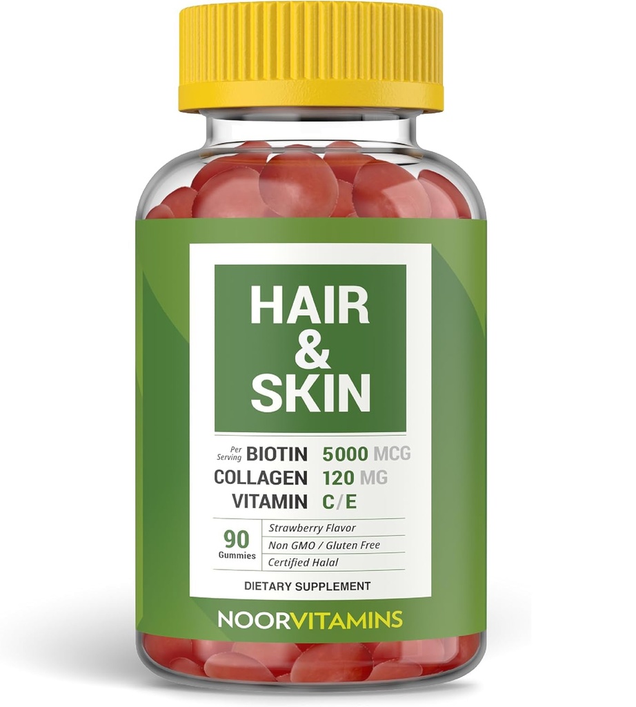 Noor vitaminer Halal Hår Vitaminer Biotin, kollagen, Silica, vitamin C & E støtter håret, hud og negle helse; naturlige jordbær gummy vitaminer. GMO, Glutenfri og en Certified Halal Vitamin (90 Count)