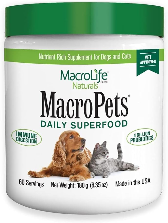 MacroLife Naturals MacroPets Grønn Superfood Supplement pulverTopper for hund katt liten mammal, naturlig ernæring Boost Probiotika Digestive Enzymes vitamin E - Immune Gut helse og energi - 6.35oz