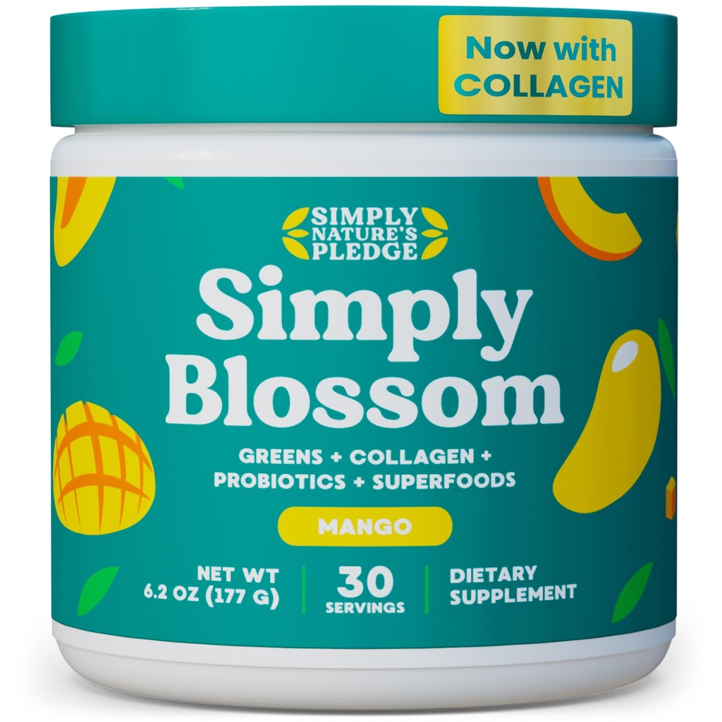 Bare Blossom Nutrition Daily Greens & Superfood Powder + Collagen + Probiotika for kvinners digestive helse og lindring relief. Hjelp din helse Bloom - 30 dagers forsyning - Mango