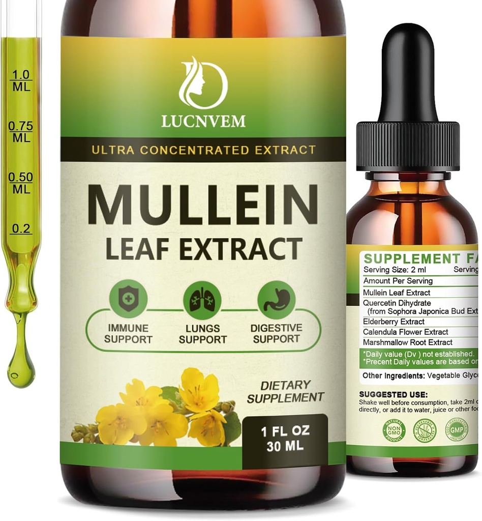 (2 Pakke) 98% Absorpsjon Mullein Drops for Lungs, kraftig 5 i 1 Mullein Leaf Herbal Blanding Ekstrakt, Naturlig Lungs Support Supplement for Lungs Cleans & Detox og pustende lunge helse