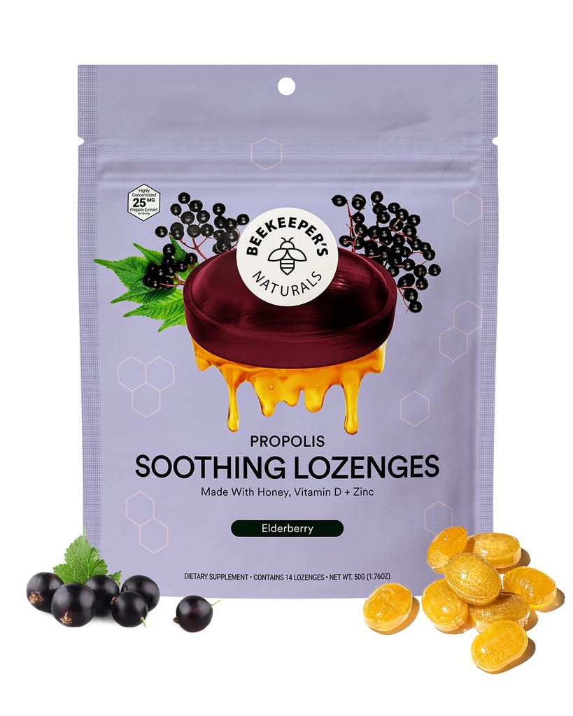 Beekeepers Naturals Soothing Honning Elderberry Cough faller immun støtte med vitamin D, sink og propolis Throat Soothing Lozenges, 14 Ct