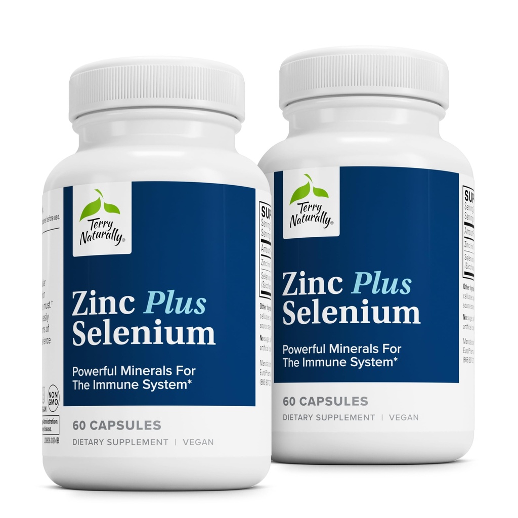 Terry Naturally Zinc Plus Selenium - Immune & Respiratory Health Supplement - Mineral Supplement med Zink Bisglycinate Chelate - Formula med Selenium for cellulære helsestøtte - 60 Kapsler