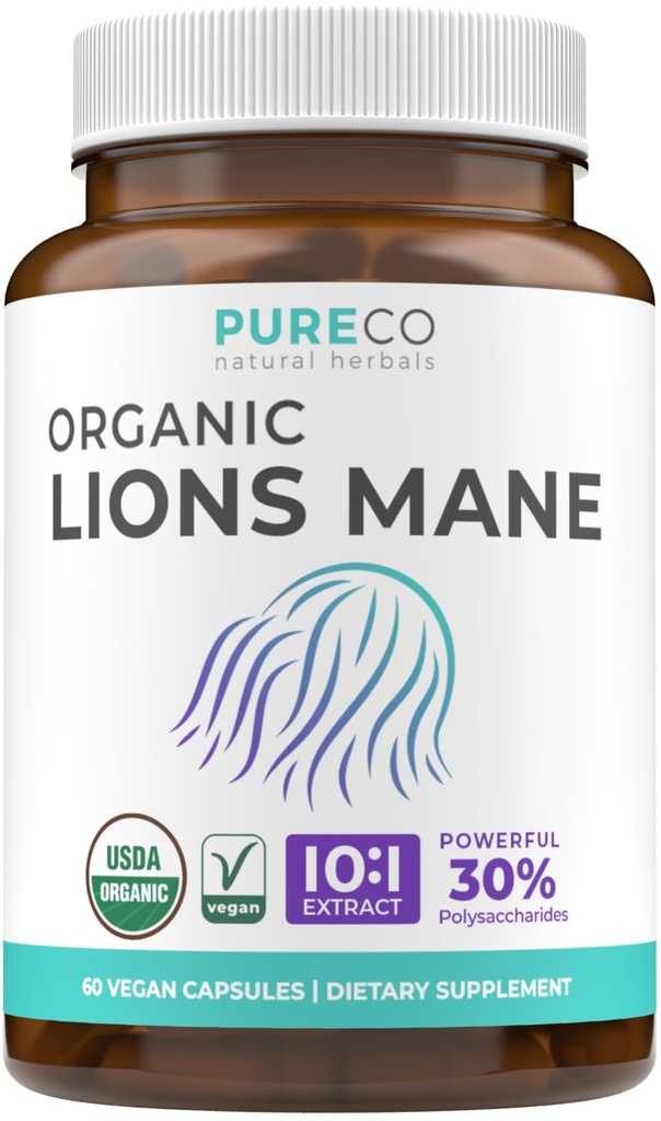 Organiske Lions Mane Supplement Kapsler - USDA Organisk Mushroom Supplement Kapsler med 1000mg Lions Mane 10:1 Ekstrakt per servering med 30% Polysaccharides - Vegan & ikke-GMO (1 måneds forsyning)