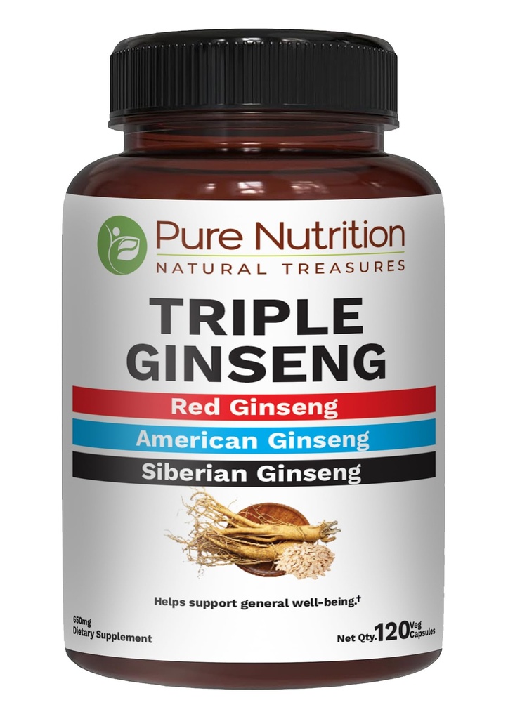 Pure Nutrition Triple Ginseng 650mg | 120 Caps | Kompleks for menn og kvinner | svært effektiv kombinasjon av rød, amerikansk og sibirsk Ginseng. Ikke GMO