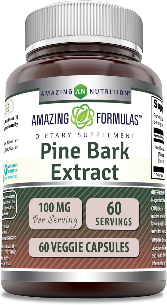 Amazing Formler Pine Bark Ekstrakt 100 Mg | Vegetariske kapsler Supplement | Ikke-GMO | Glutenfri | Ikke-GMO | Glutenfri | 1 Pack | 60 Count