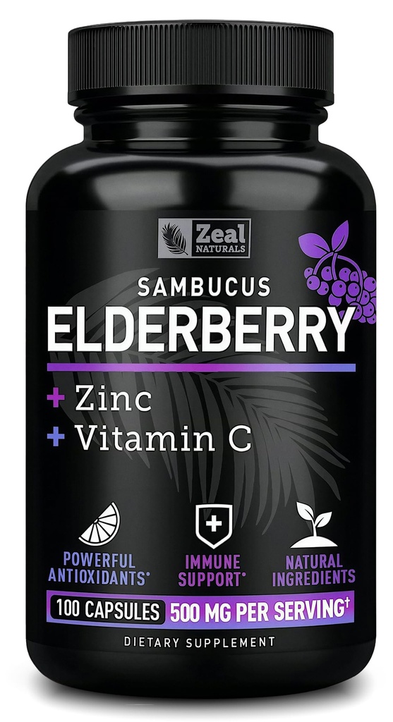 Zeal Naturals Max Styrke Elderbær Kapsler + Zink + Vitamin C | 500 mg for immunsystem støtte med svart Sambucus Elderberry | 100 greve | i-1 Immun støtte for voksne