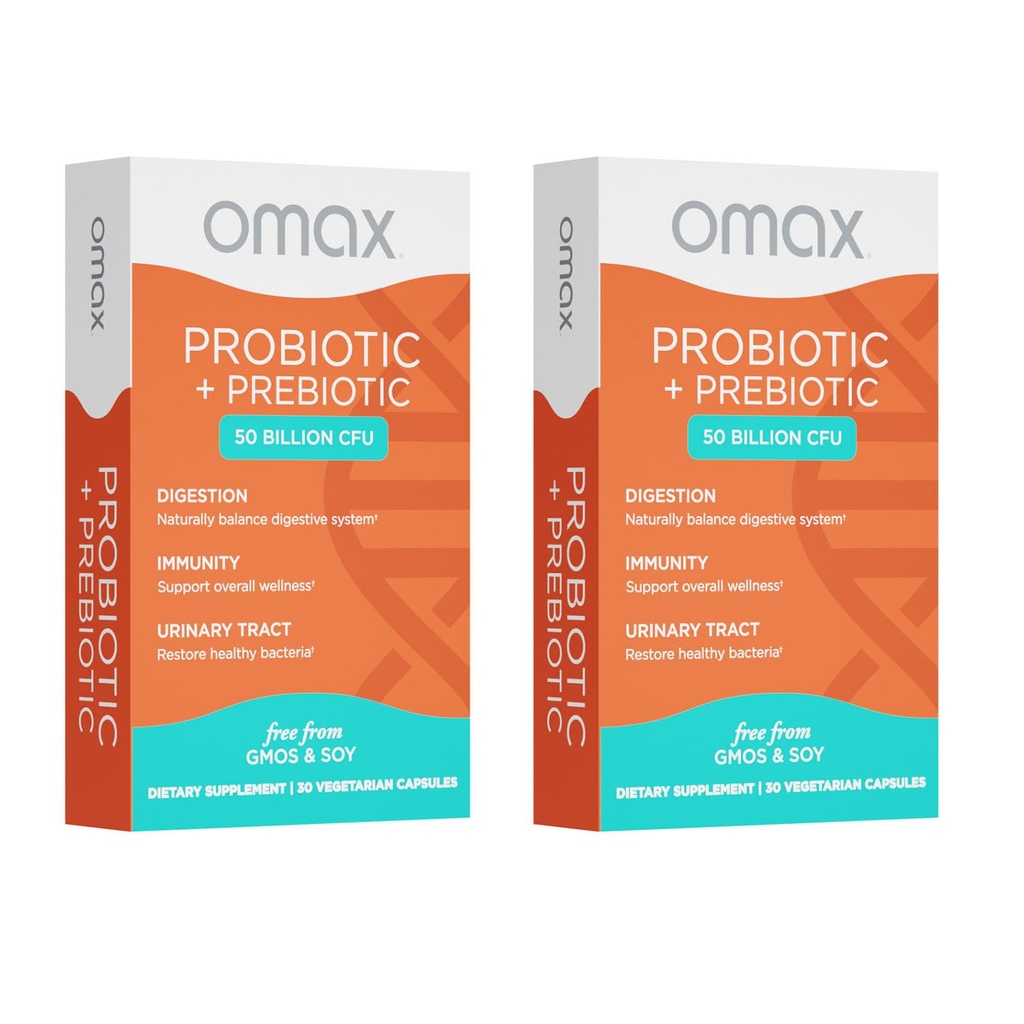Omax3 Prebiotic & Probiotic 50 Million CFU + Chicory Inulin, 10 Strain, Redusere blooding, Digestion, SIBO, Leaky Gut, Vaginal pH, Acidophilus, Vegan, Dairy Free, Glutenfri, Blemster pakket (2 Pack)