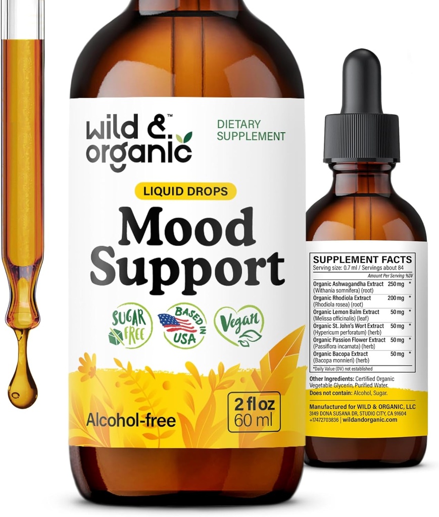 Wild & Organic Mood Support Drops - Gode Mood Supplements w/Ashwagandha Root & Rhodiola Rosea - naturlige flytende dråper for positiv energi - rolige og avslappende kosttilskudd for kvinner og menn - 2 oz