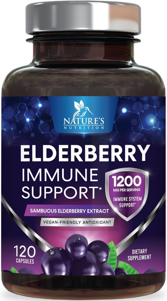 Eldreberry Immune Support 1200mg - Daglig immunstøtte for voksne med konsentrert Sambucus Black Elderberry Extract - Antioksidant vitamin Supplement, Glutenfri, flaske i USA - 120 kapsler