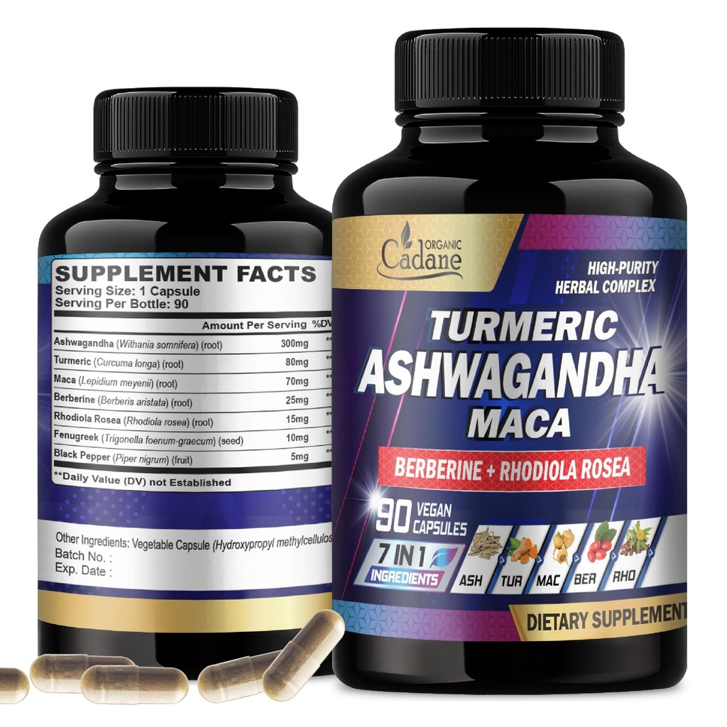 Organic Cadane Ashwagandha Supplements - Minne, immunsystem og styrke støtte - 7in1 konsentrert med turmerisk, Maca Root, Berberine og mer - 90 Vegan Capsules for 3-måneders forsyning