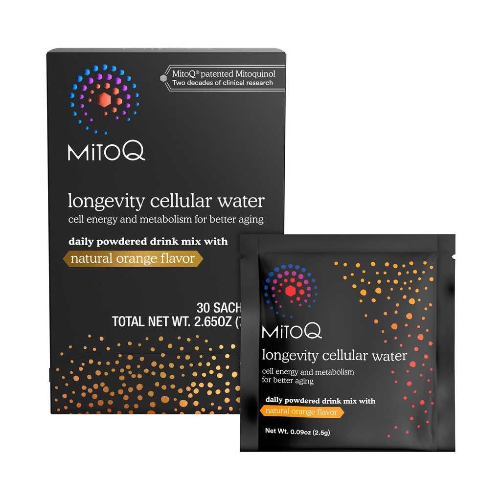 MitoQ Longevity Cellular Water Daglig pulverisert drikke Bland naturlig oransjeflavor - Mitokondrier-målrettet antioksidant - celleenergi og metabolisme for bedre aldring (Orange, 30 pakker)