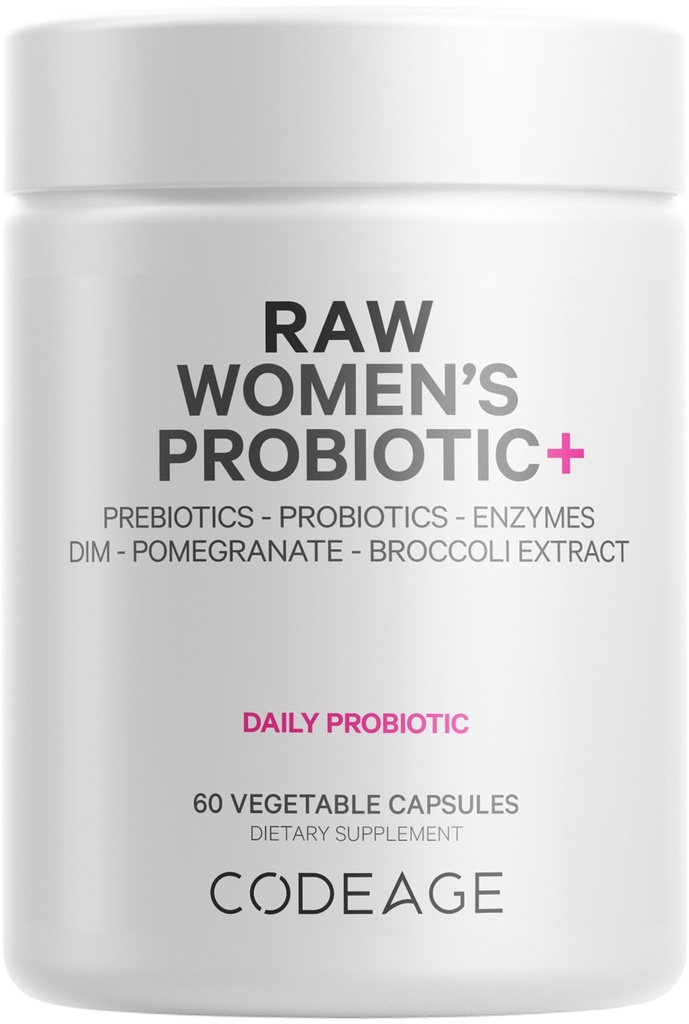 Codeage Raw Women's Probiotic+ Supplement - 34 Probiotiske Strains, 100 milliarder CFUs, Digestive Enzymes, Prebiotic Blend, DIM, Herbal Extracts, Phytonutrienter - Ikke-GMO - 30 Kapsler