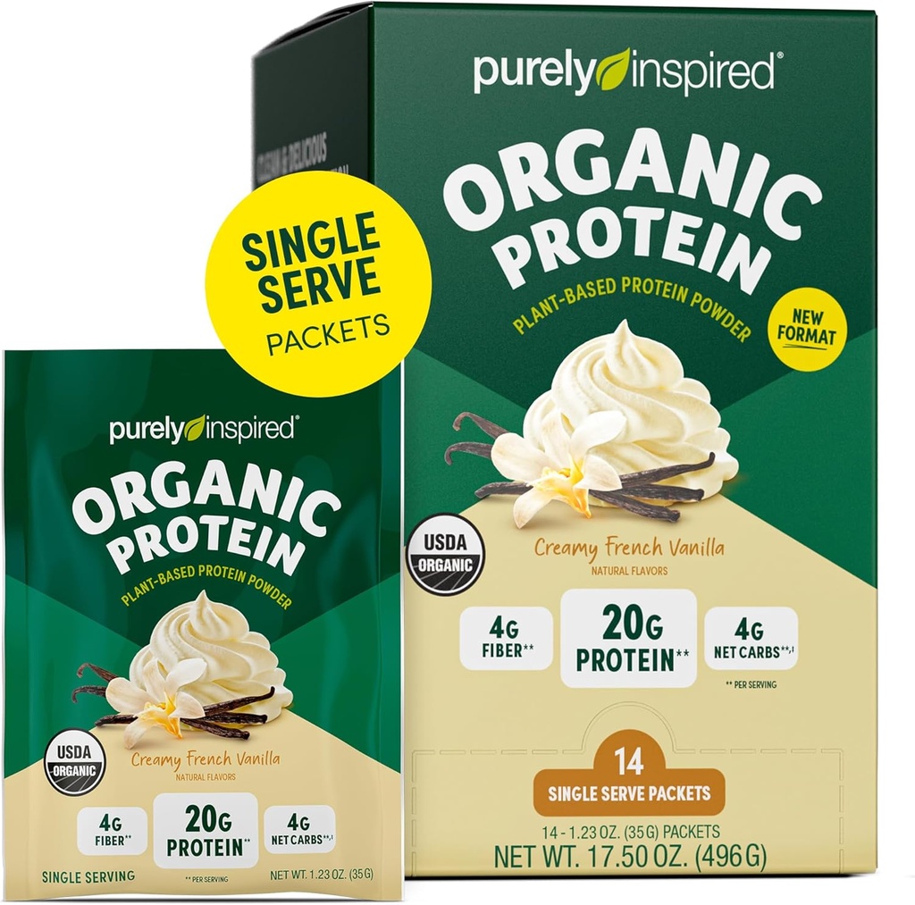 Rent inspirert organisk protein pulver, 14 enkelt servere pakker, creamy vanilla - 20g plantebasert protein pulver for smoothies og rister - mørkefri, ikke-GMO - for menn og kvinner