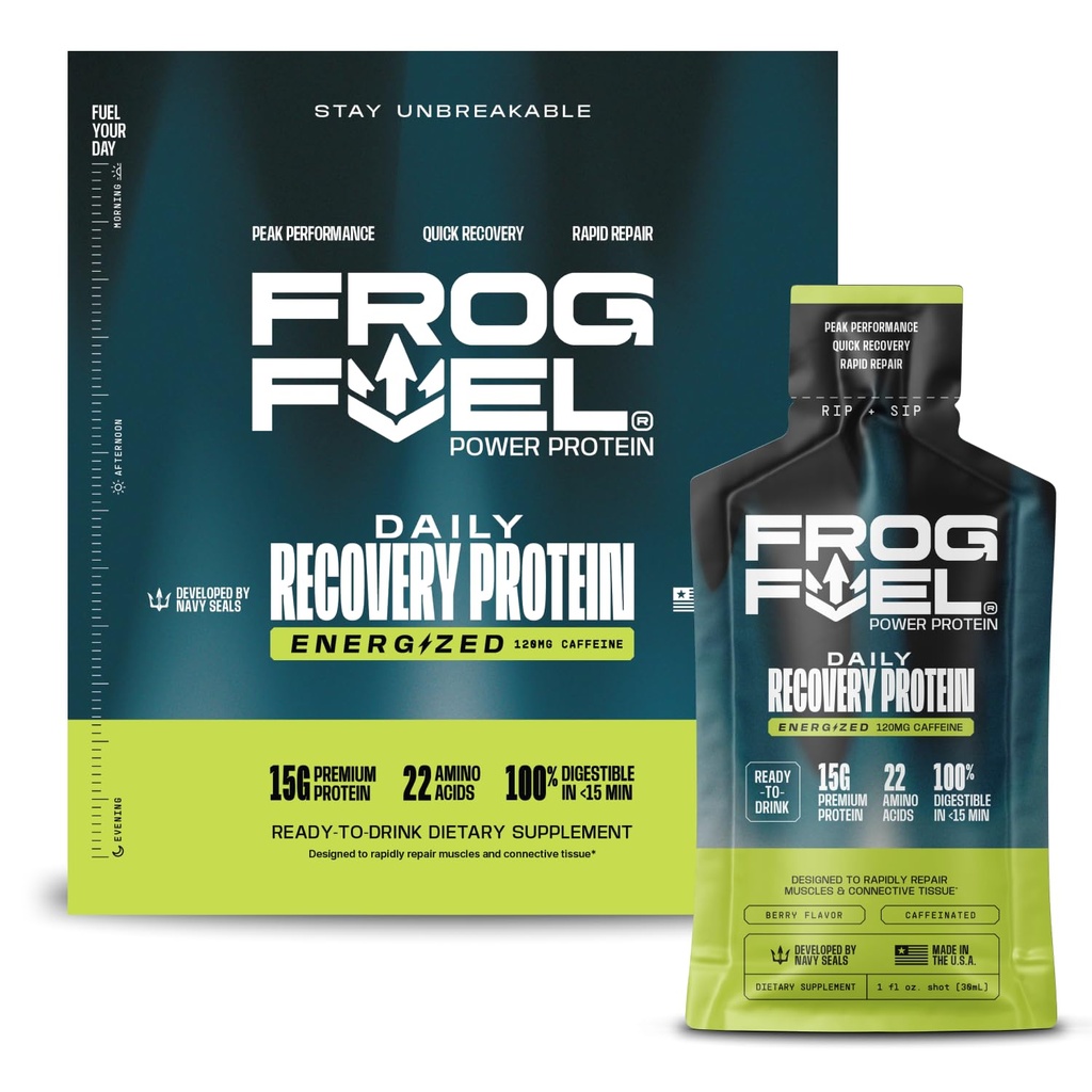 Frog drivstoffkraft Energisert Protein Shot, 15g Protein Nano-hydrolysert Gras Fed Collage, 120 mg koffein, fett og sukker gratis, 22 aminosyrer, 0 karbohydrater, berry, 1 oz pakker, 24 pakke