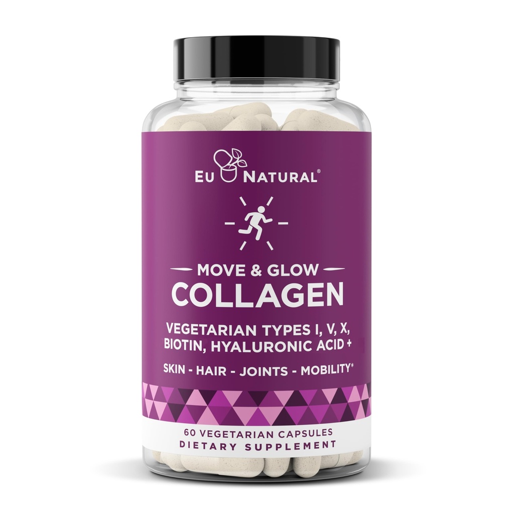 Move & Glow kollagen piller for kvinner og menn – vegetarisk multi-kollagen (type I-V-X) med 9 plantebaserte supermat for hud helse og felles støtte – biotin, vitamin C, vitamin E, 60 vegetariske kapsler
