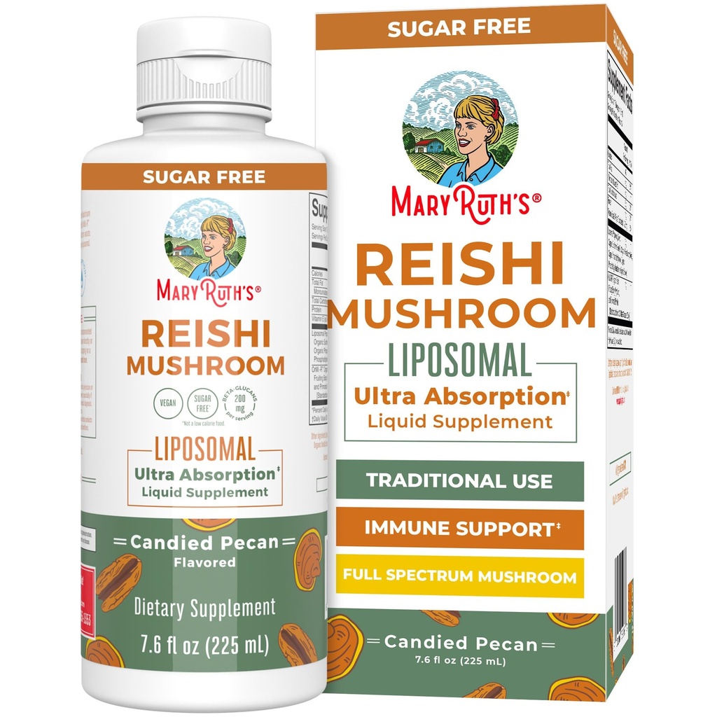 MaryRuth Organics Reishi Vegansk Mushroom Supplement | Ultra Absorpsjon Liposomal | Immun støtte med 200mg Beta-Glucans, Vegansk |Full Spectrum Reishi Mushrooms Fruktende Kropp | 7,6 oz,