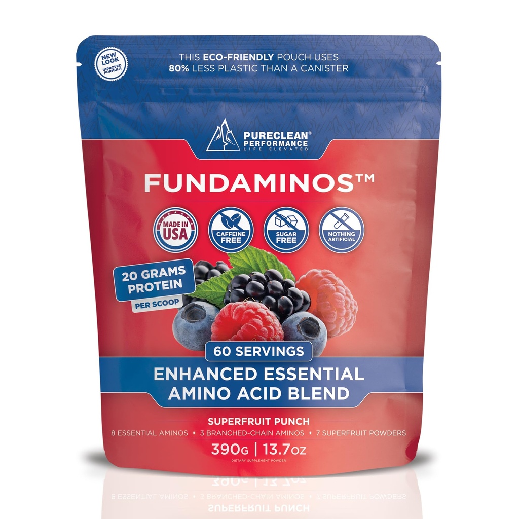 FundAminos EAA + BCAA Amino Acid pulver | Økologisk, vegansk, plantebasert | Komplett essensielle Aminos for daglig ernæring | Optimisert Protein bruk | Oppfriskende superfrukter blanding - 60 serveringer