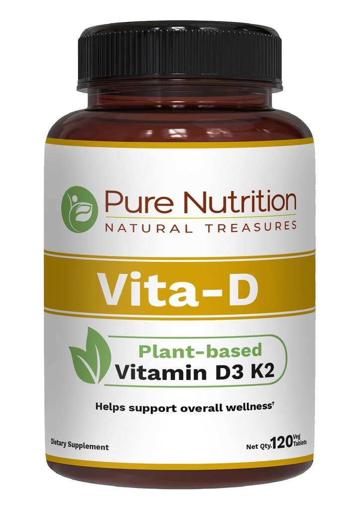 Pure Nutrition Vita D3 K2 - Plantebasert vitamin D3 K2 Supplement | 120 Tabs | Vitamin D3 6000 IU | Vitamin K2 som MK7 100mcg | vitamin K2 D3 | Ikke GMO |
