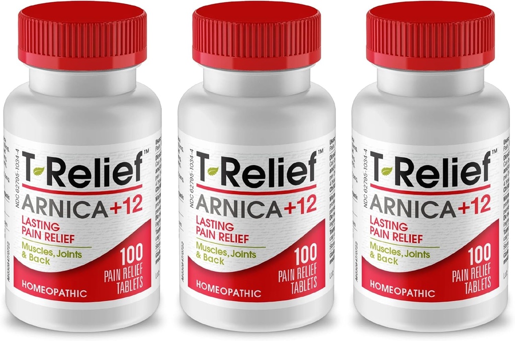 T-Relief Arnica +12 naturlig lindring aktiv for ryggsmerter ledd sorg muskelsmerter og stivhet, hele kroppen raskt fungerende relief for kvinner og menn - 100 tabletter (3 pakke)