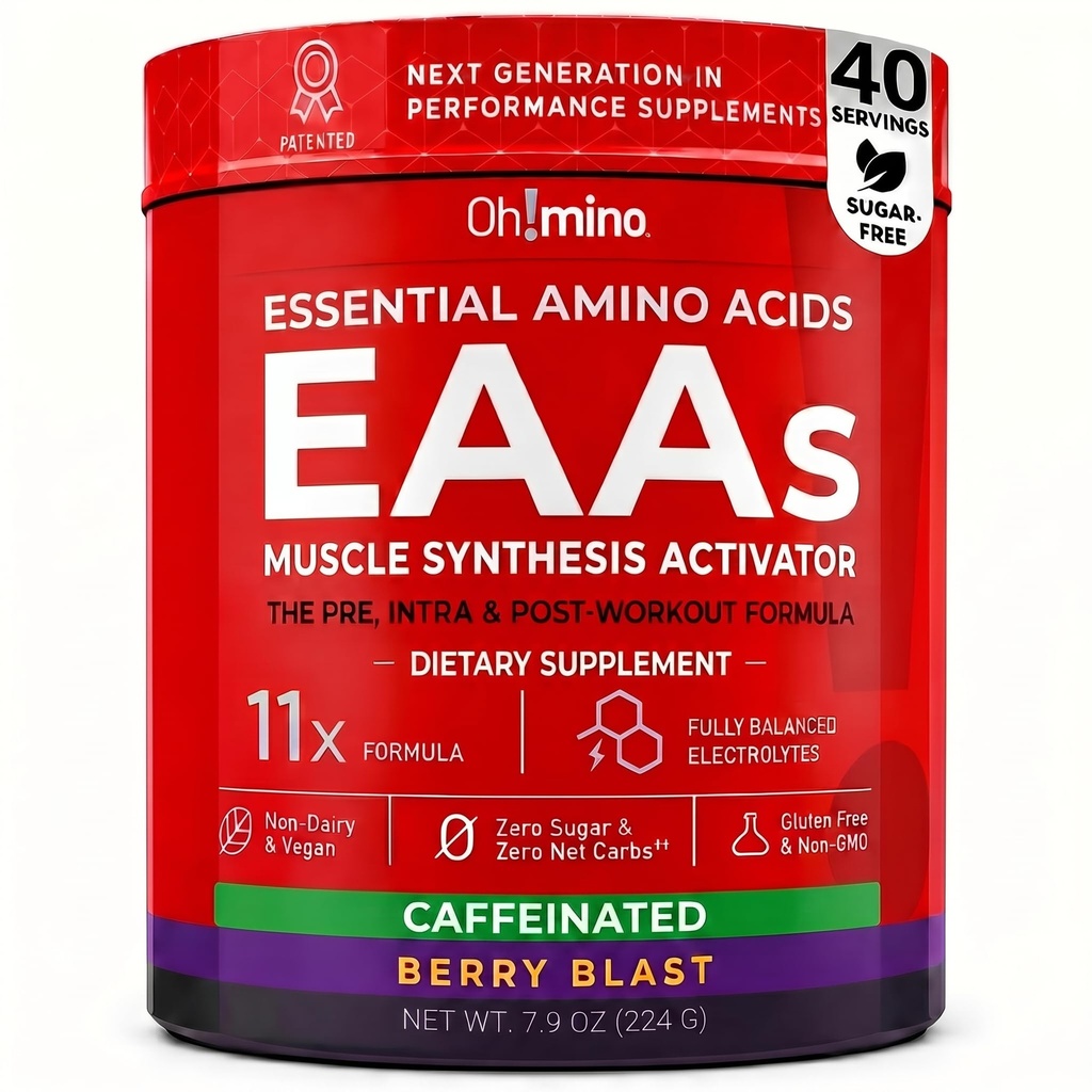 Oh!mino essensielle Aminosyrer Supplement. Berry Blast, koffeinert pulver. Alle 9 EAA, BCAA og den perfekte Amino for trening, Amino energi, og å bygge muskler, og gjenopprette raskere.