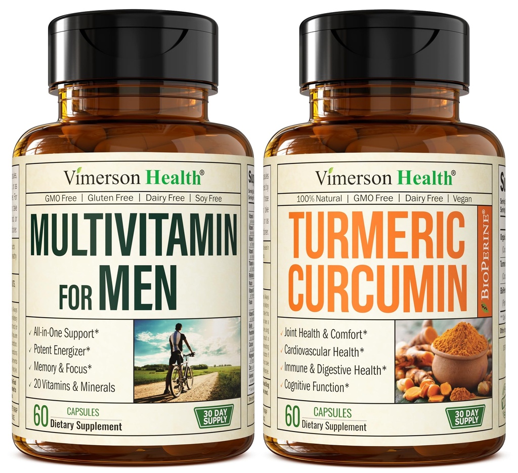 Vimerson Helse Menns Multivitamin + Turmeric Curcumin med Black Pepper Extract Bundle. Felles og immun støtte, discomfort relief, antioksidant egenskaper for ham