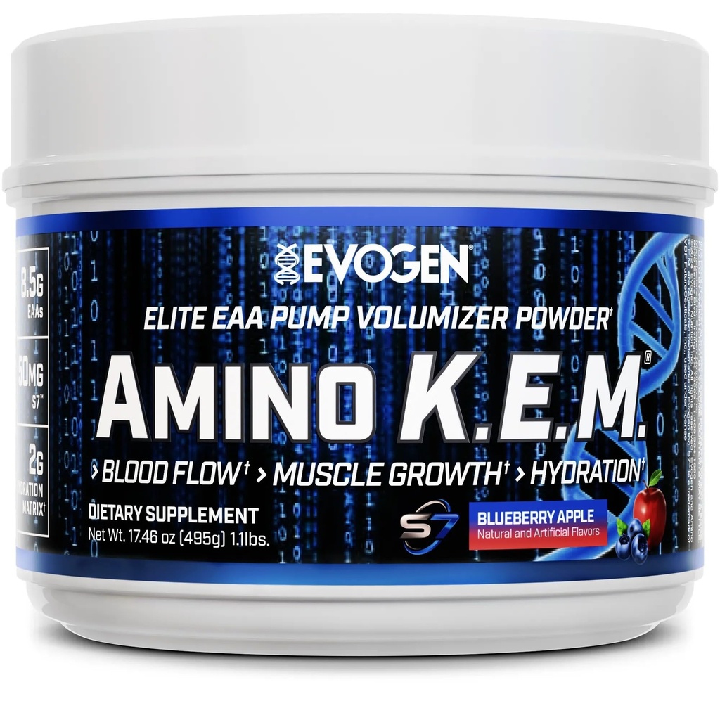 Evogen Amino K.E.M. - EAA & BCAA pulverpumpe Volumizer ® BCAA Aminosyrer Supplement for blodflow, muskelvekst, og Hydration ® Blueberry Apple ® 30 Serveringer