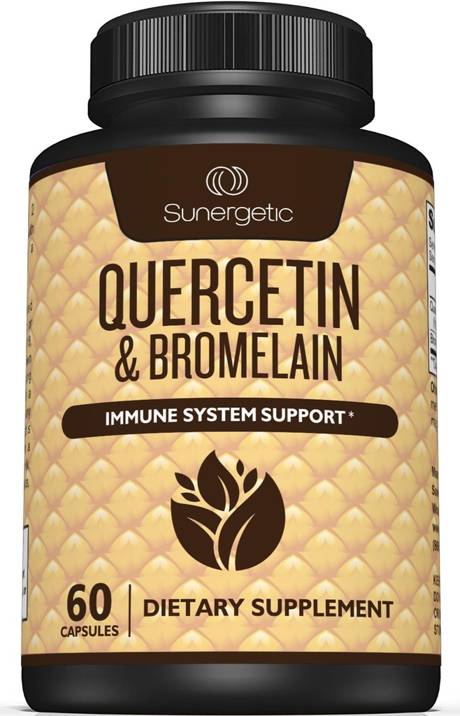 Sunergetic Premium Quercetin & Bromelain Supplement - Kraftig Quercetin Bromelain Complex for å hjelpe støtte immunsystem og sesongstøtte – Quercetin 1000mg Per Serving – 60 kapsler