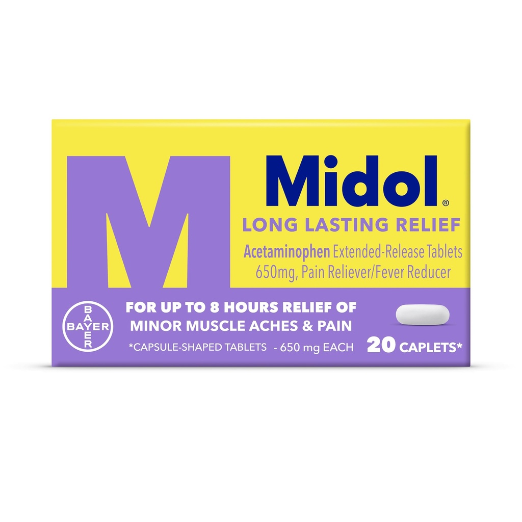 Midol lang varighet relief 20ct: Midol lang varighet relief, menstruell symtom relief & feber Reduserer, kapeller med acetaminophen for menstruell smerte relief - 20 greve (Packaging May Vary)