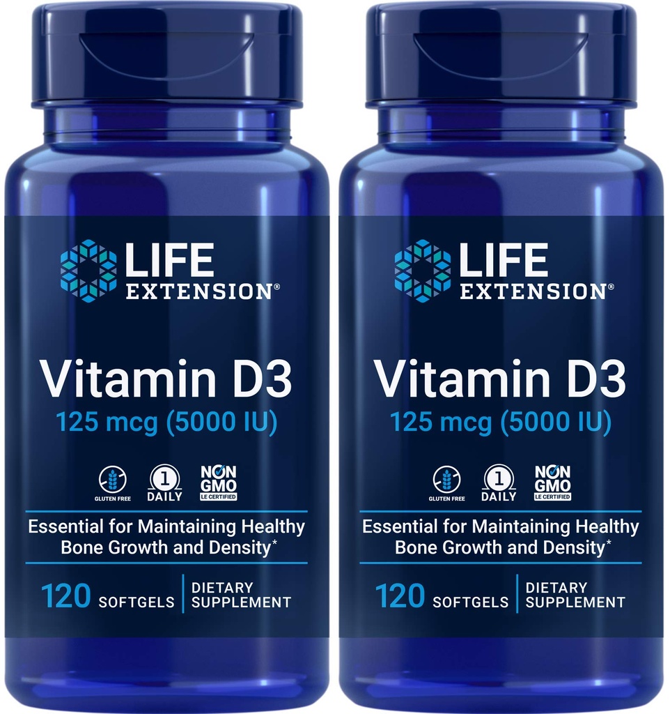 Livsforlengelse vitamin D3 5000 IE, 120 Softgels (pakke på 2)