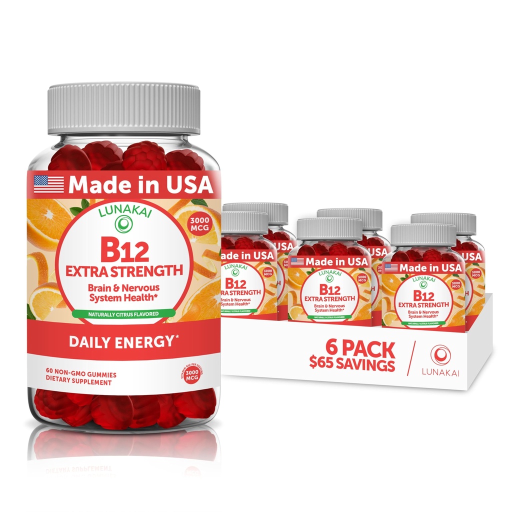 Vitamin B12 Gummies for voksne - Tastiest Property Formula - 3000mcg Metyl B-12 høy absorpsjon Energi Gummier - Ikke-GMO Vegan Vit B12 - Chewable B 12 for energistøtte og bein helse - 6 Pack
