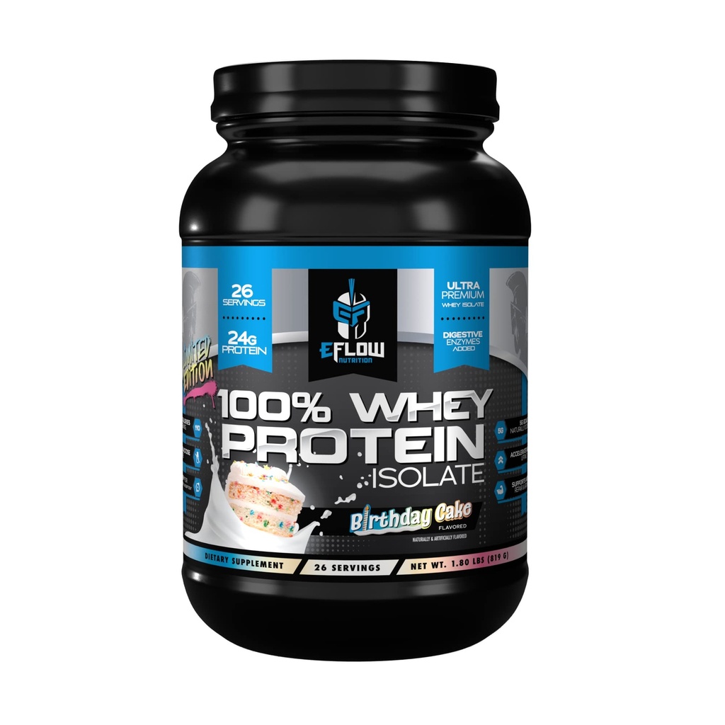 eFlow Nutrition 100% Whey Protein Isolate - Laktose-fri Digestive Enzymer lagt til, lav karbohydrat, Post Workout Shake, Fast Digesting for Optimal Muscle Recovery - Fødselsdag Kake (26 Serveringer)