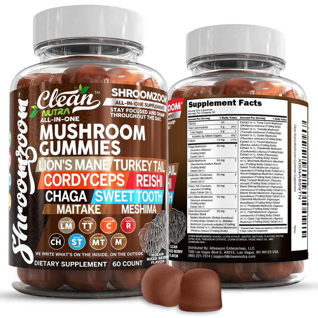 15in1 Mushroom Gummies med Lions Mane Tyrkia Tail Cordyceps Reishi Chaga Søt Toot Maitake Meshima Poria Cocos Shiitake Tremella, Oyster Agaricus Mushrooms for menn og kvinner Supplement Ren Nutra